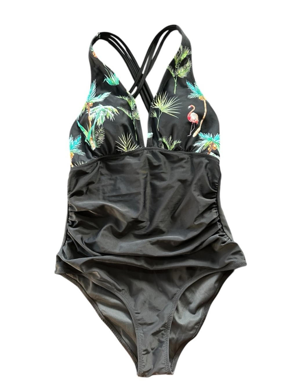 Cupshe Black One-Piece Swimsuit with Tropical Palm & Flamingo Print
